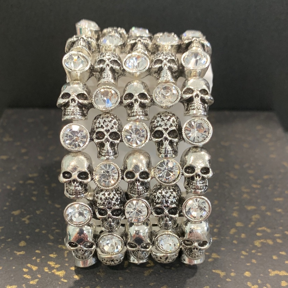 Silver Tone Skull Stretch Bracelet with Clear Crystals - Women Jewelry